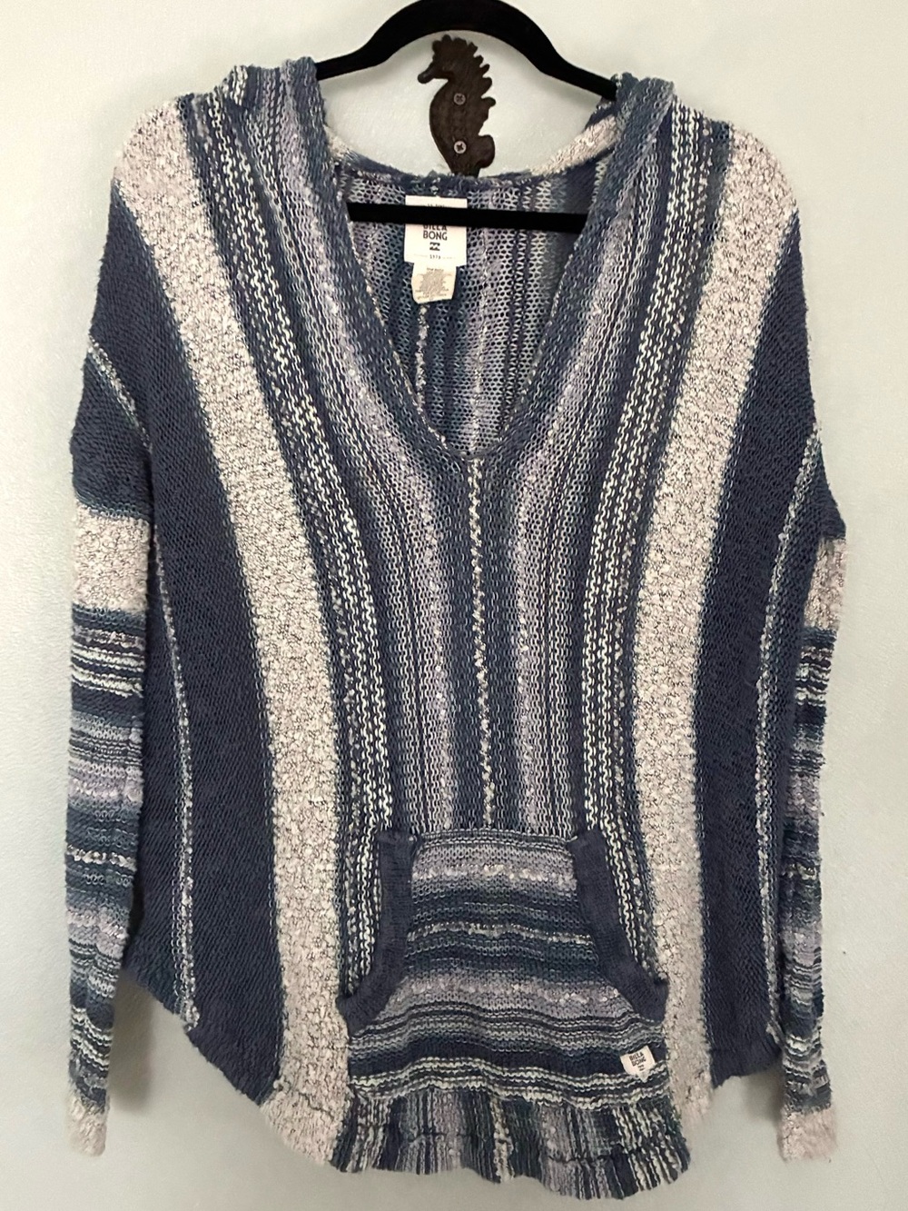 Billabong Baja Hoodie Pullover Sweater Women’s S Blue Gray Striped Boho Surf